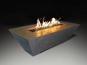 Rectangular gray concrete fire pit table with vibrant flames