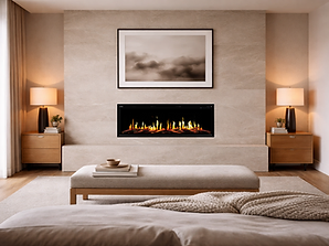 Modern bedroom with a linear fireplace embedded in a beige stone wall