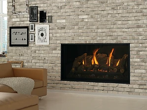 Kozy Heat Bellingham 44 gas fireplace set into a light beige brick wall
