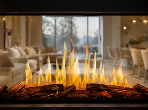 Close-up of a linear fireplace with glowing artificial logs and flickering yellow flames