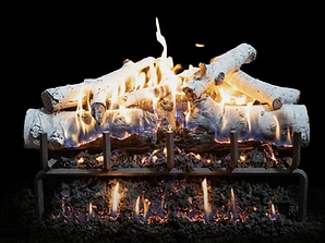 Gas fireplace log set with white birch logs and glowing ember bed