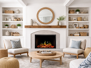 Elegant living room with a wood-mantel fireplace, circular mirror, and built-in shelving