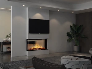 Modern living room with a three-sided fireplace and mounted television